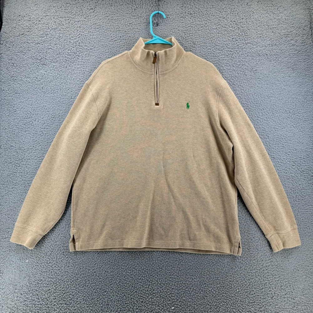 Polo Ralph Lauren Men XL Tan Quarter Zip Pullover Sweater Heather Knit Pony Logo